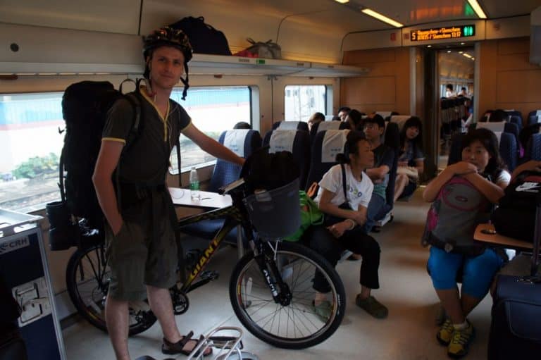 Cez and a bike on the train to Hong Kong