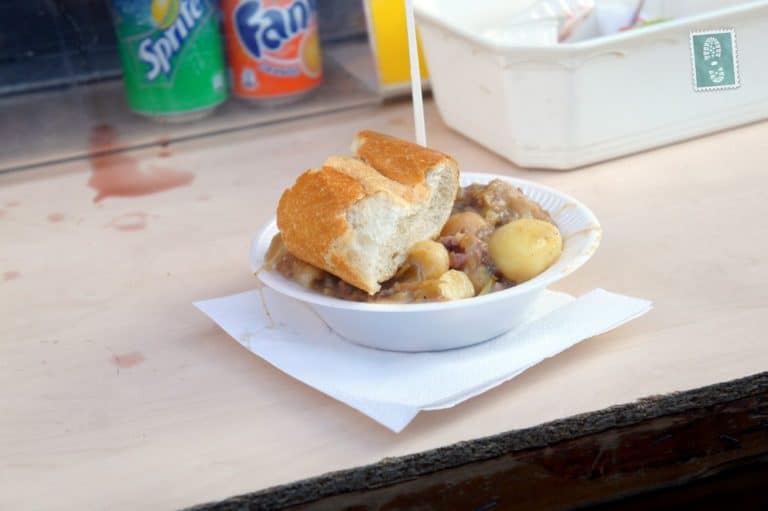 Sausage with cabbage and potatoes served with baguette (4 euros - $5 per portion)