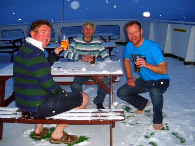Three guys are enjoying the cold beer at Antarctica