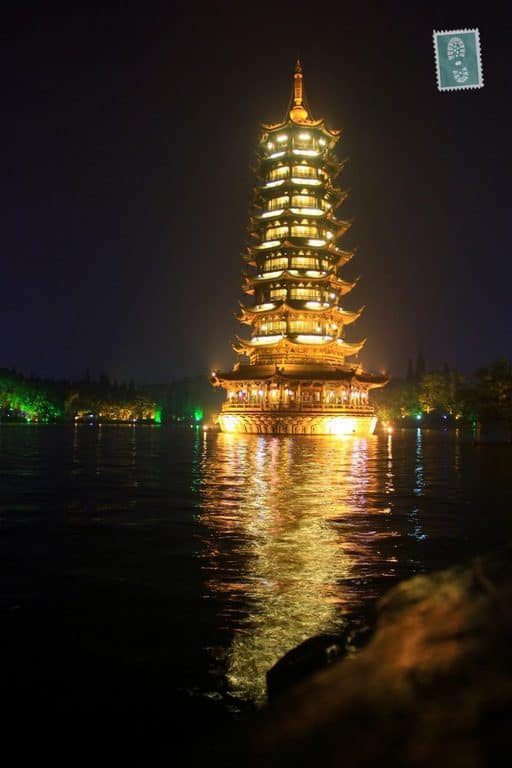 Pagodas, Four Lakes scenery at night, Guilin