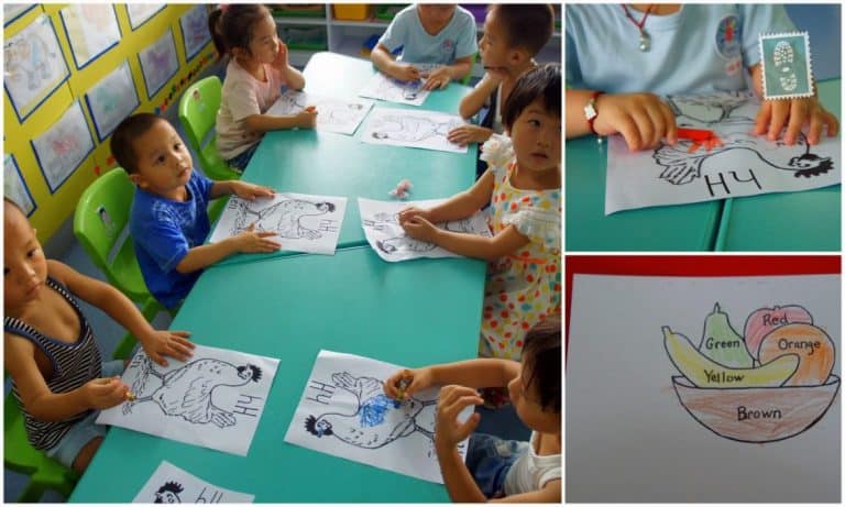Chinese students color a picture of hen