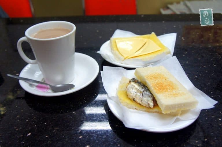 Hot chocolate, cheese toast and fish toast