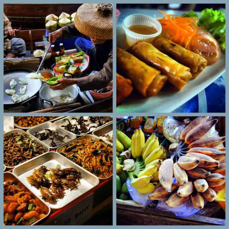 A great variety of street food in Bangkok - from local dumplings, bananas to fresh spring rolls