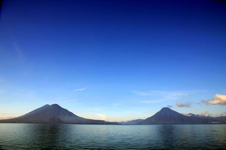 Beautiful Lake Atitlan in Guatemala is surrounded by volcanoes