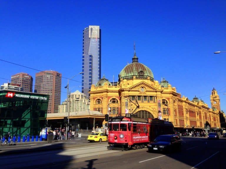 Eureka Tower dwarfs Flinders Street Station and the free City Circle tram