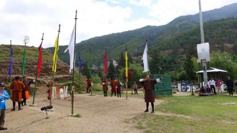 Color flags at a contest of the national sport of Bhutan