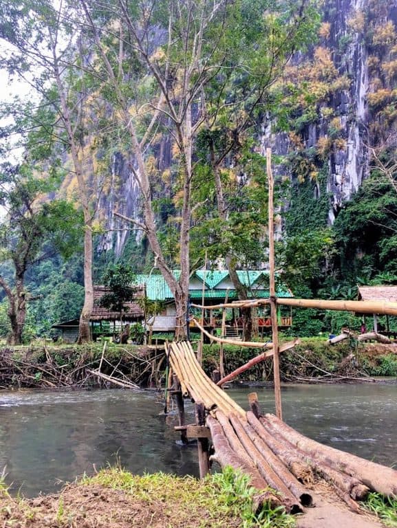 bamboo bridge to tham pha thak in Nong Khiaw