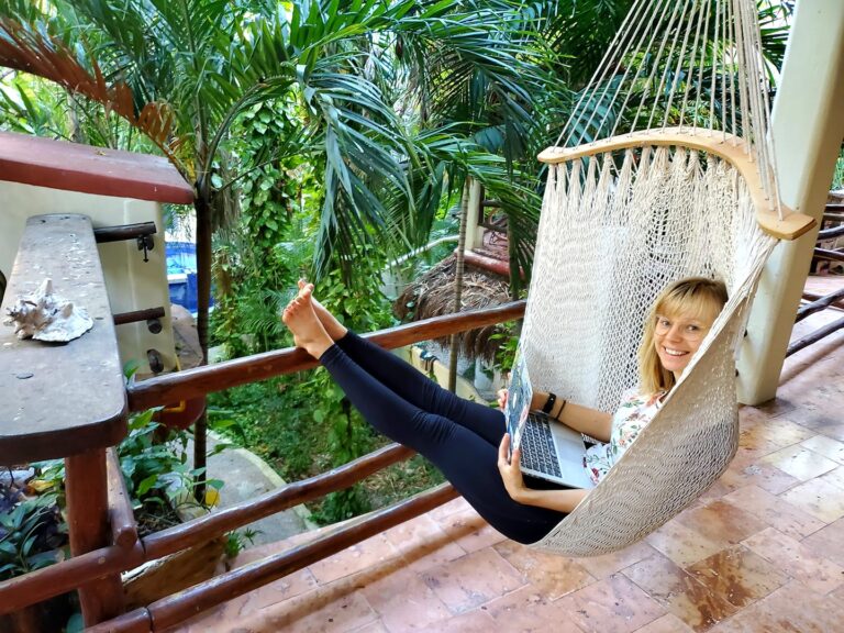 agness working in mexico on a hammock