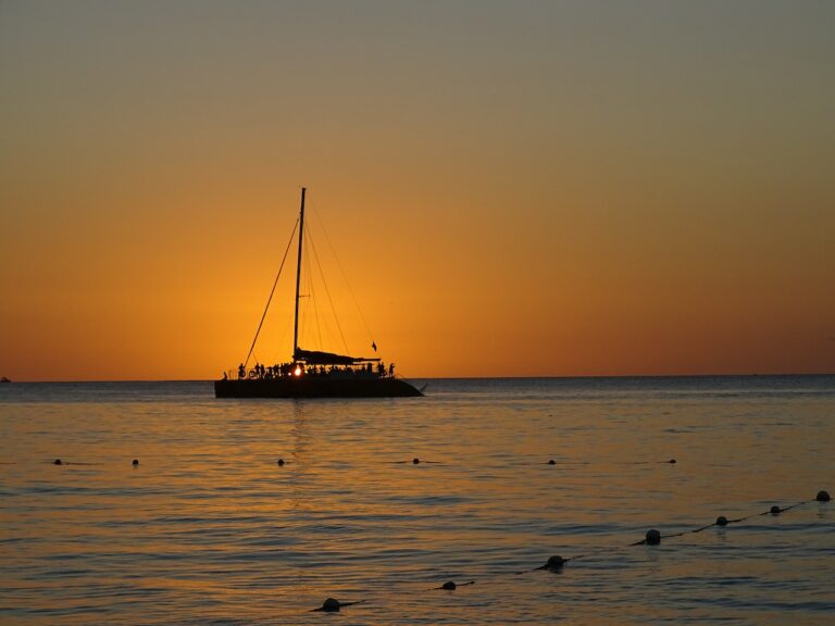 silhouette of boat on sea during sunset