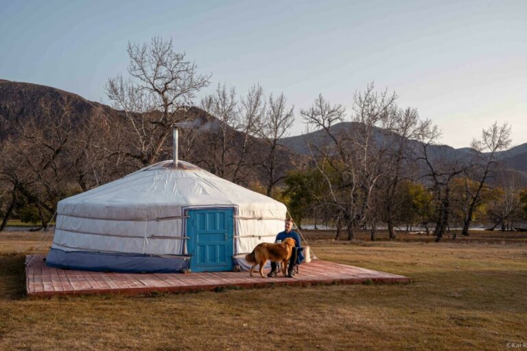 white Mongolian yurt on the outside