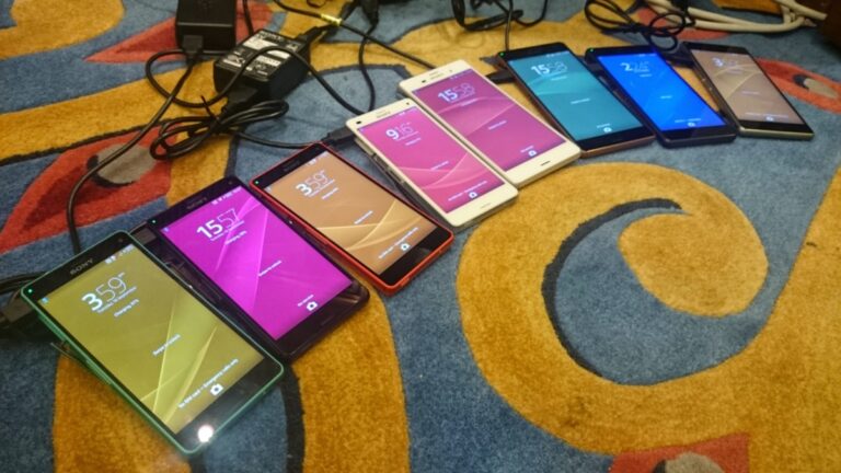 A full array of colorful Sony phones connected to the local provider