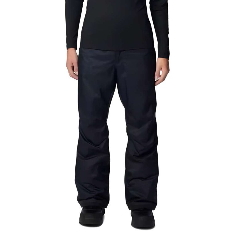 Front view of Men's Columbia Snow Gun II snow pants in black, showing an insulated fit and articulated knees for winter sports.
